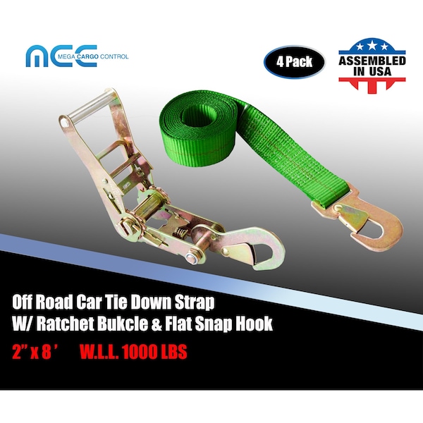 2" x 8' Off-Road Ratchet Tie Down Strap w/Snap Hook Auto Hauler Tow Truck Green, 4PK